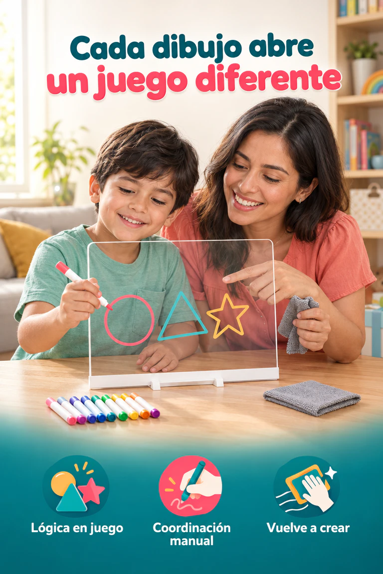 Pizarra de dibujo infantil transparente y borrable — Dibuja, limpia y vuelve a aprender jugando · Beneficios