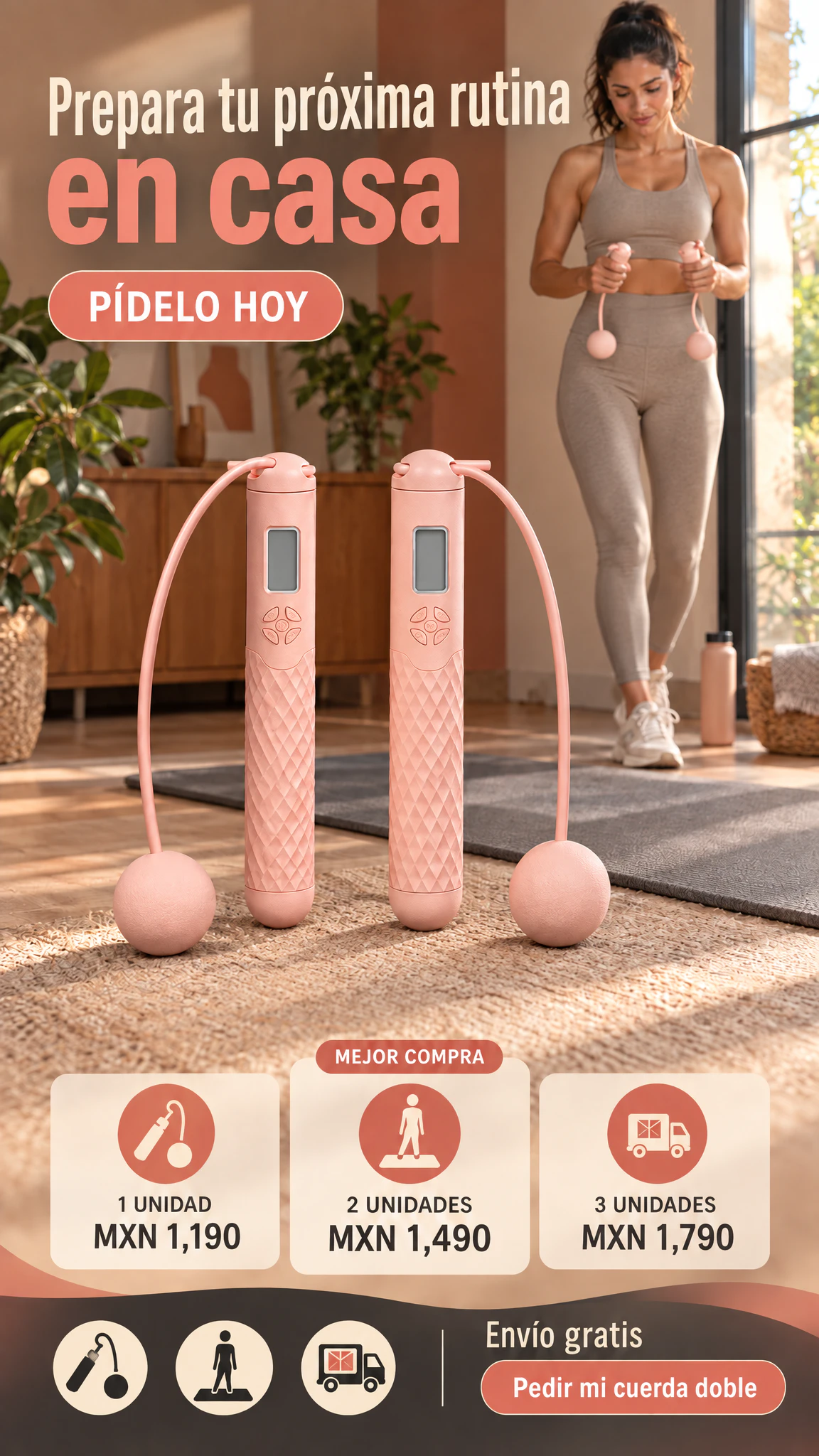 Cuerda de saltar de doble uso, con cuerda o sin cuerda — Prepara tu próxima rutina con dos modalidades de salto. · Oferta
