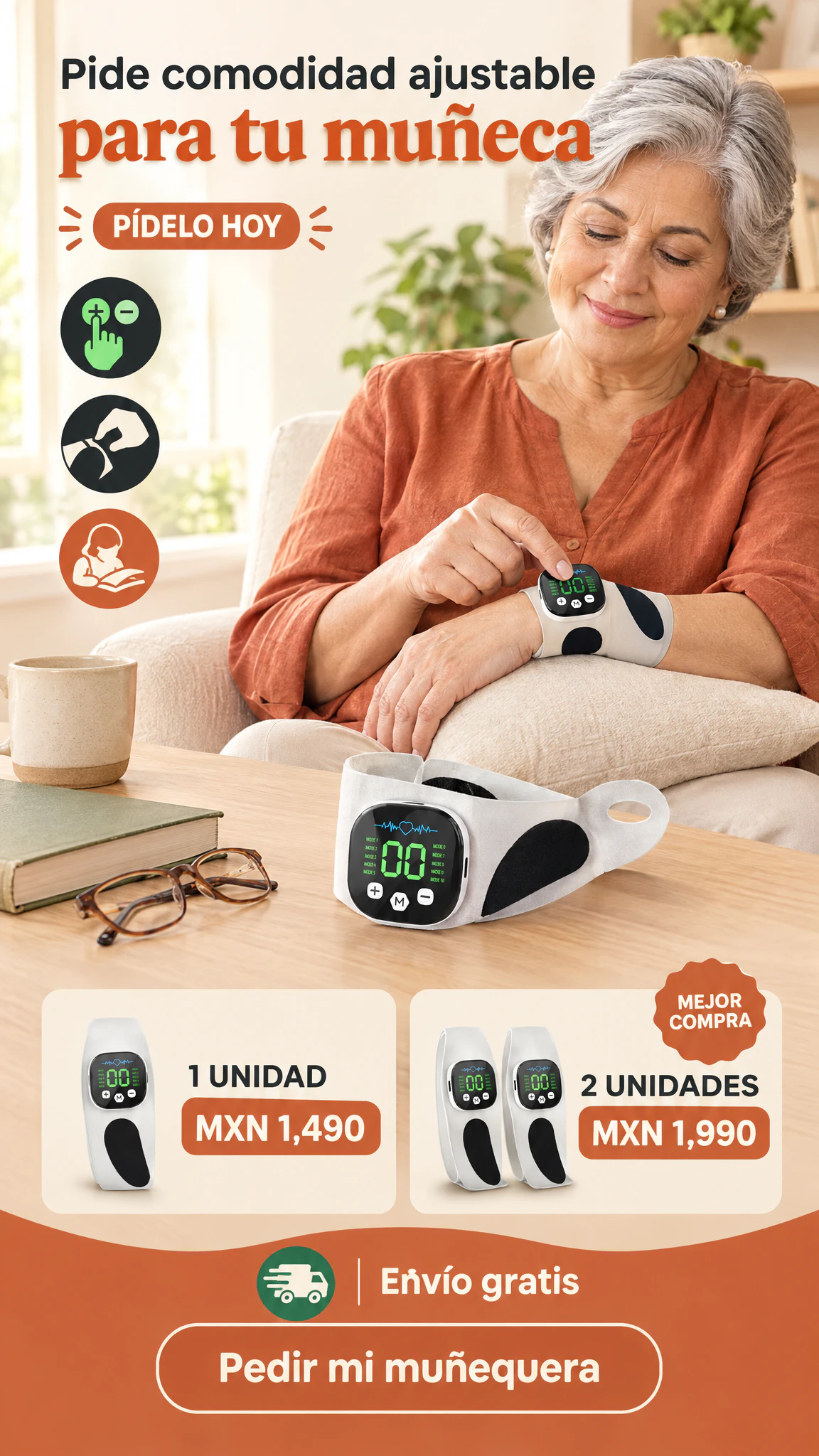 Muñequera de electroestimulación ajustable — Empieza suave y disfruta una pausa localizada para tu muñeca · Oferta