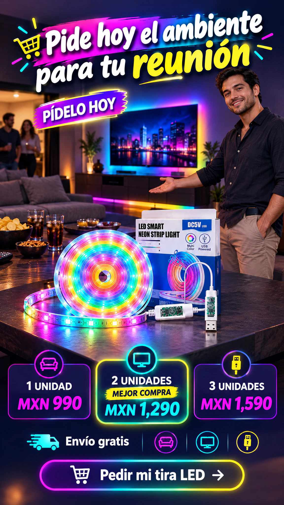 Tira de luz LED multicolor USB — Cambia el ambiente antes de recibir a tus invitados · Oferta