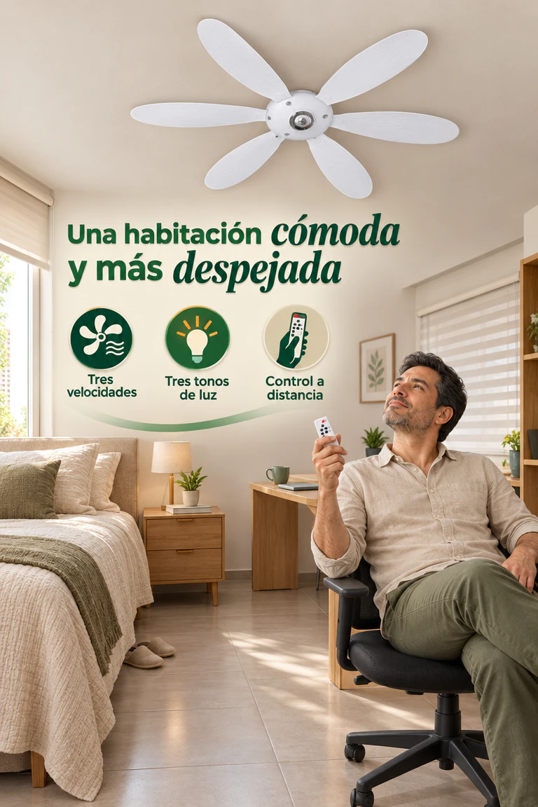 Ventilador-lámpara de techo con control remoto — Ilumina y mueve el aire sin ocupar tu piso · Beneficios