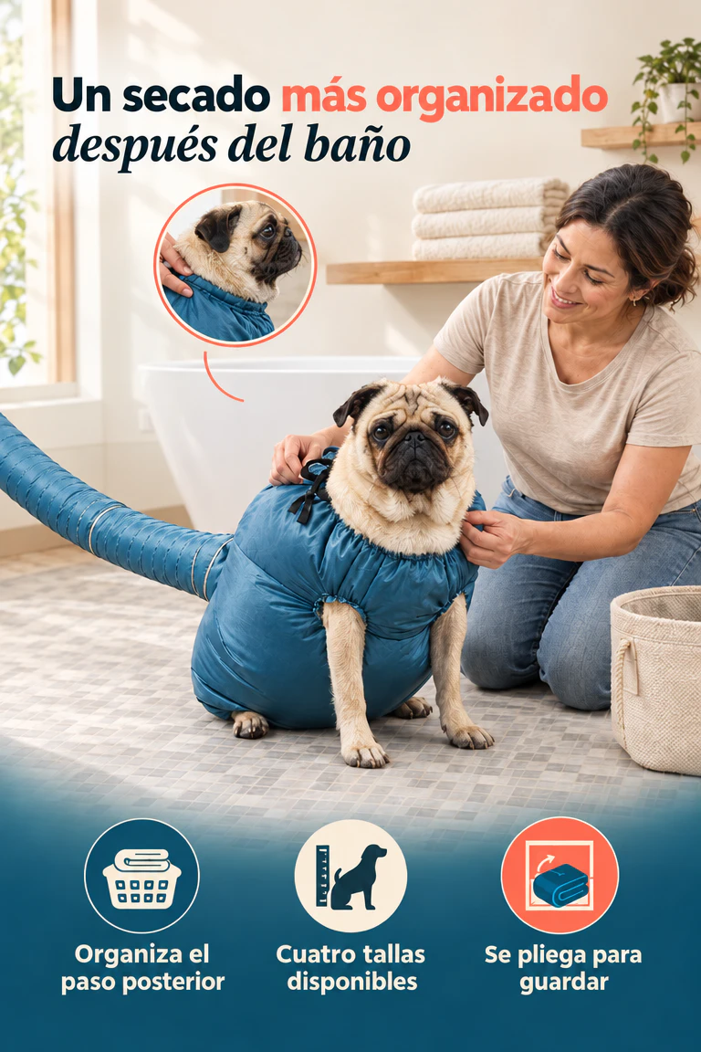Bolsa plegable de secado para perros — Organiza el secado y guárdala fácilmente después del baño · Beneficios