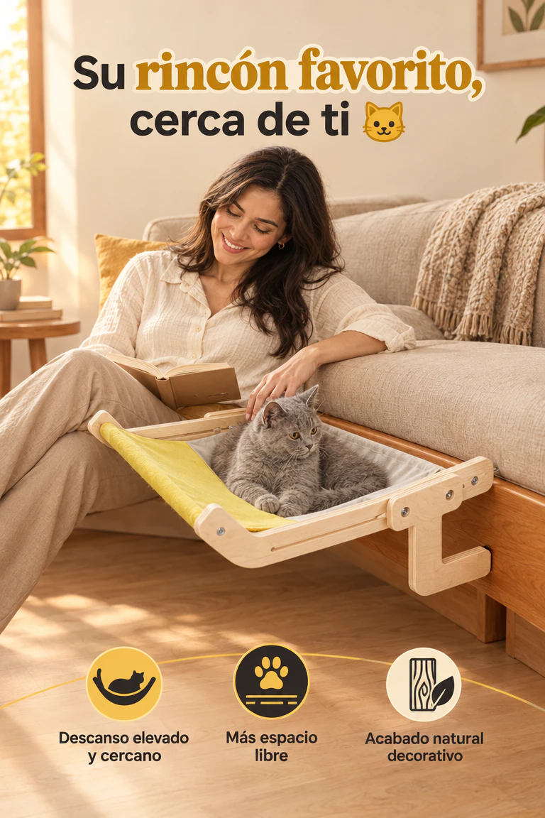 Hamaca Colgante para Gatos de Madera y Tela — Su rincón elevado junto a ti, sin ocupar el piso · Beneficios