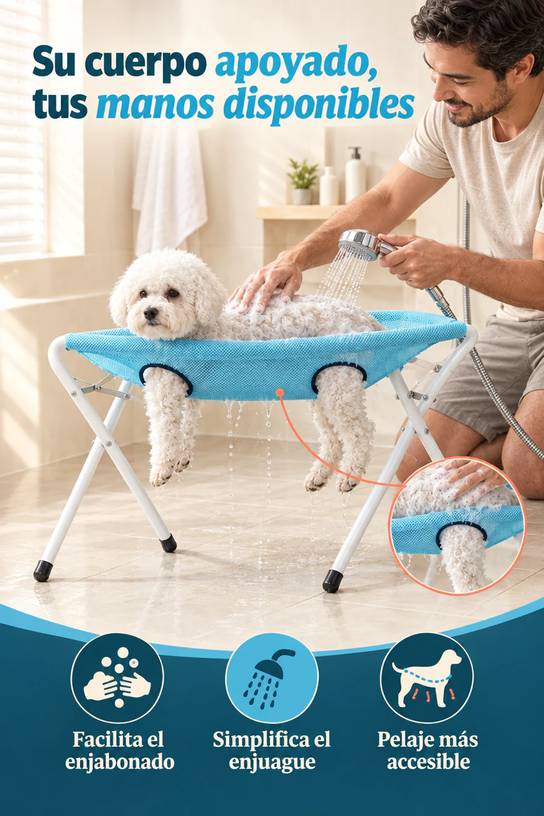 Silla tipo hamaca para bañar perros — Apoya su cuerpo mientras enjabonas y enjuagas con facilidad · Beneficios
