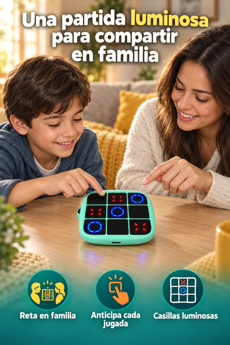 Juego electrónico de tres en raya con casillas luminosas — Reta a tu familia con partidas luminosas lejos del celular · Beneficios
