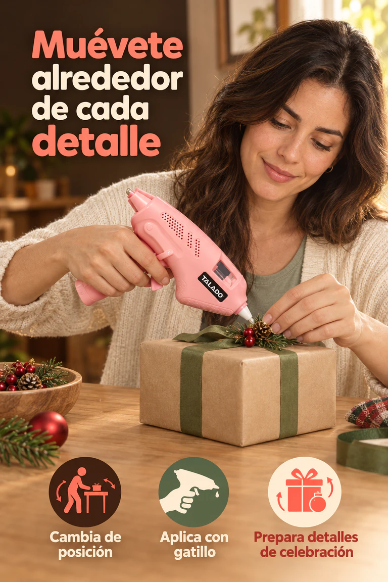 Pistola inalámbrica TALADO de pegamento caliente — Prepara los detalles de tu celebración con libertad de movimiento · Beneficios