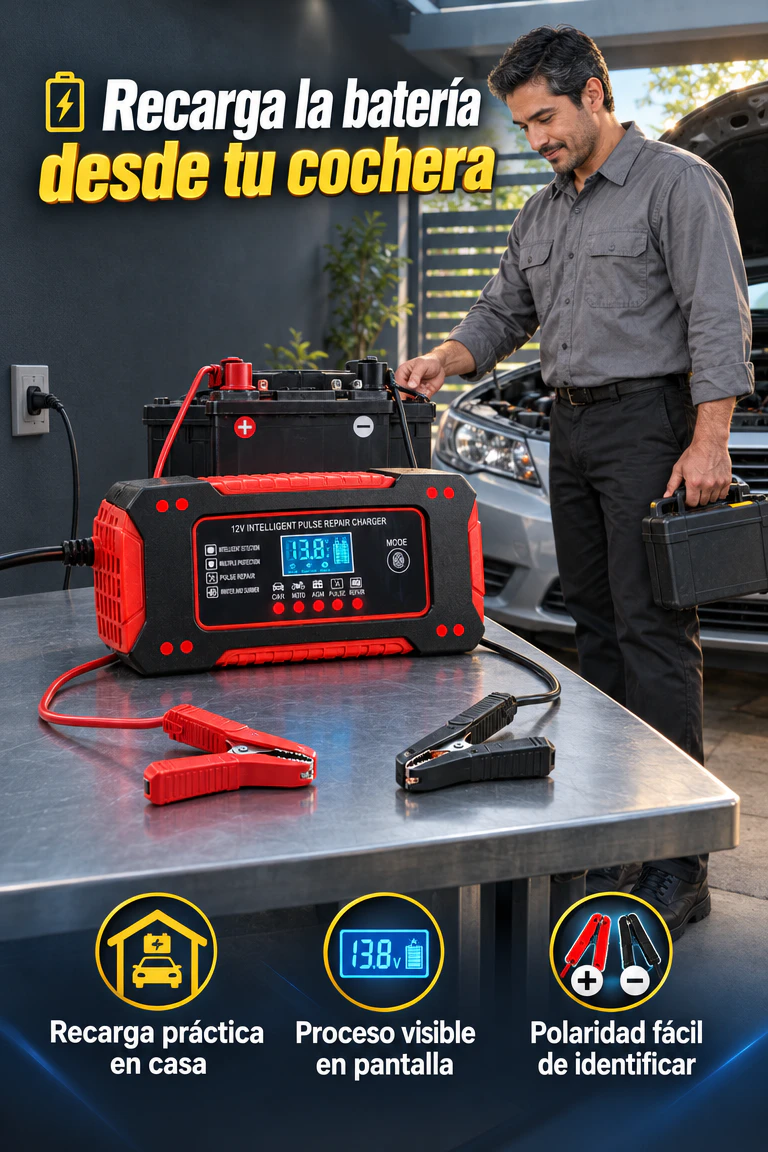 Cargador Inteligente de Baterías 12V 6A — Recarga baterías compatibles de auto o moto desde casa · Beneficios