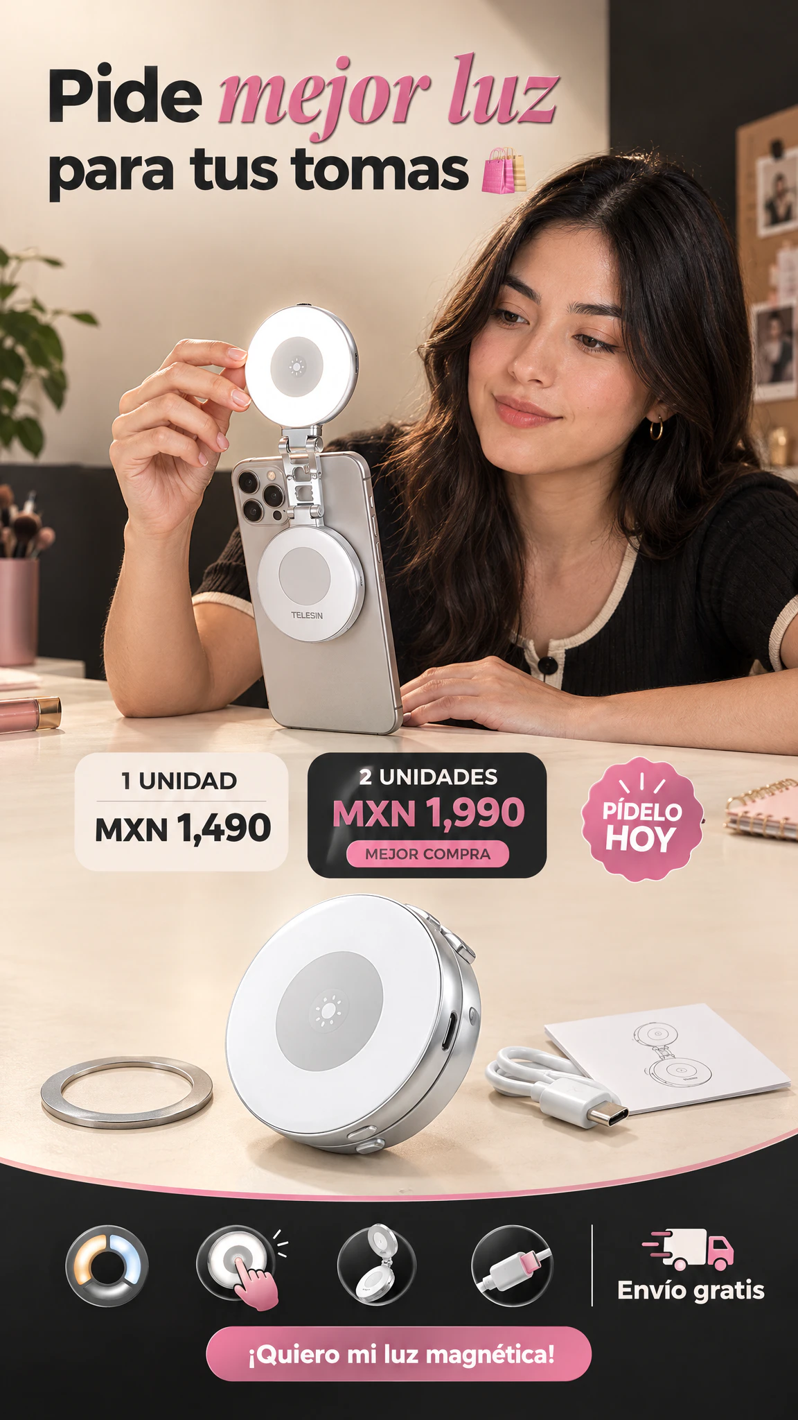 Luz LED Magnética TELESIN 3 en 1 — Iluminación, espejo y soporte para crear con tu celular · Oferta