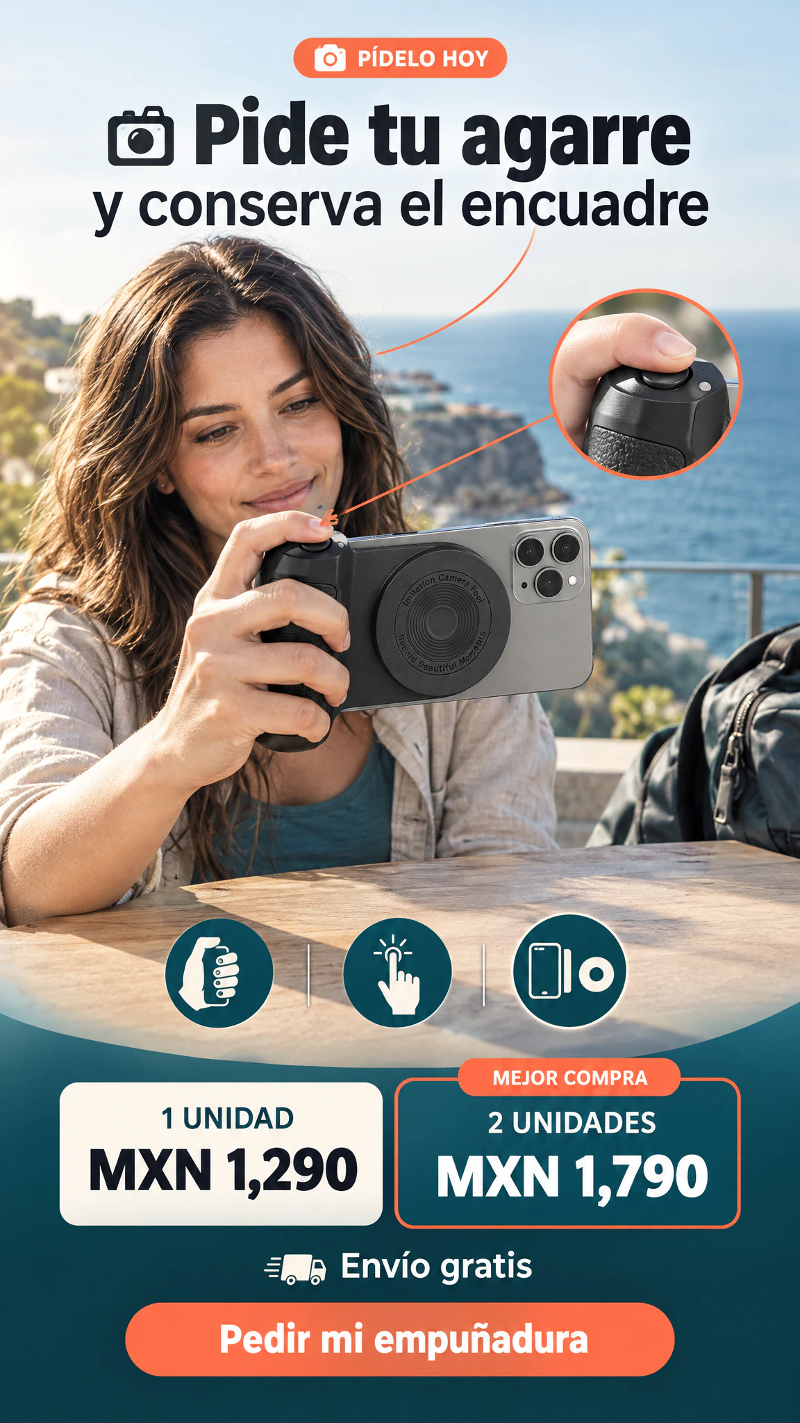 Empuñadura magnética para celular con disparador Bluetooth — Sujeta, encuadra y captura como con una cámara · Oferta