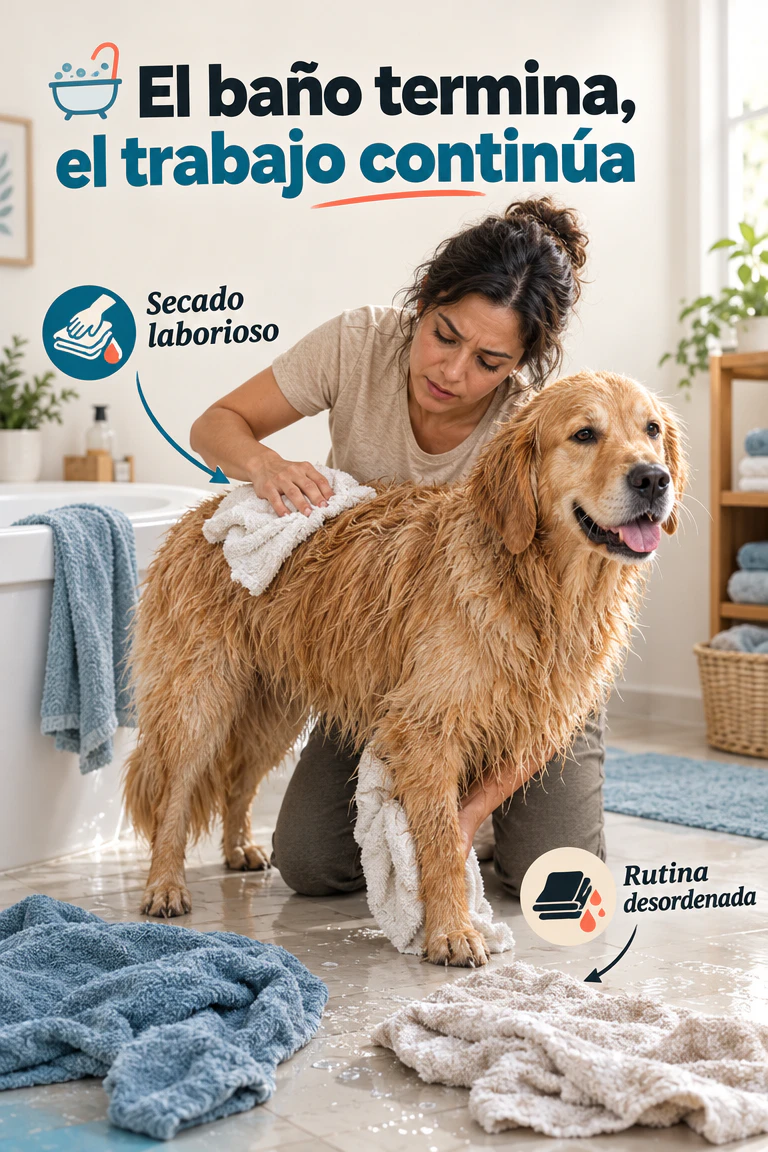 Bolsa plegable de secado para perros — Organiza el secado y guárdala fácilmente después del baño · Contexto del problema