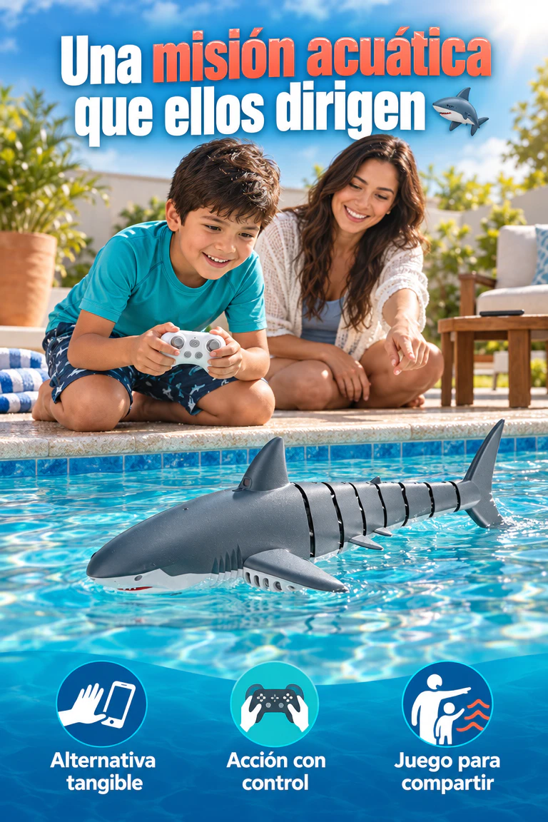 Tiburón RC acuático de cola articulada — Cambia la pantalla por una aventura que controla en el agua · Beneficios
