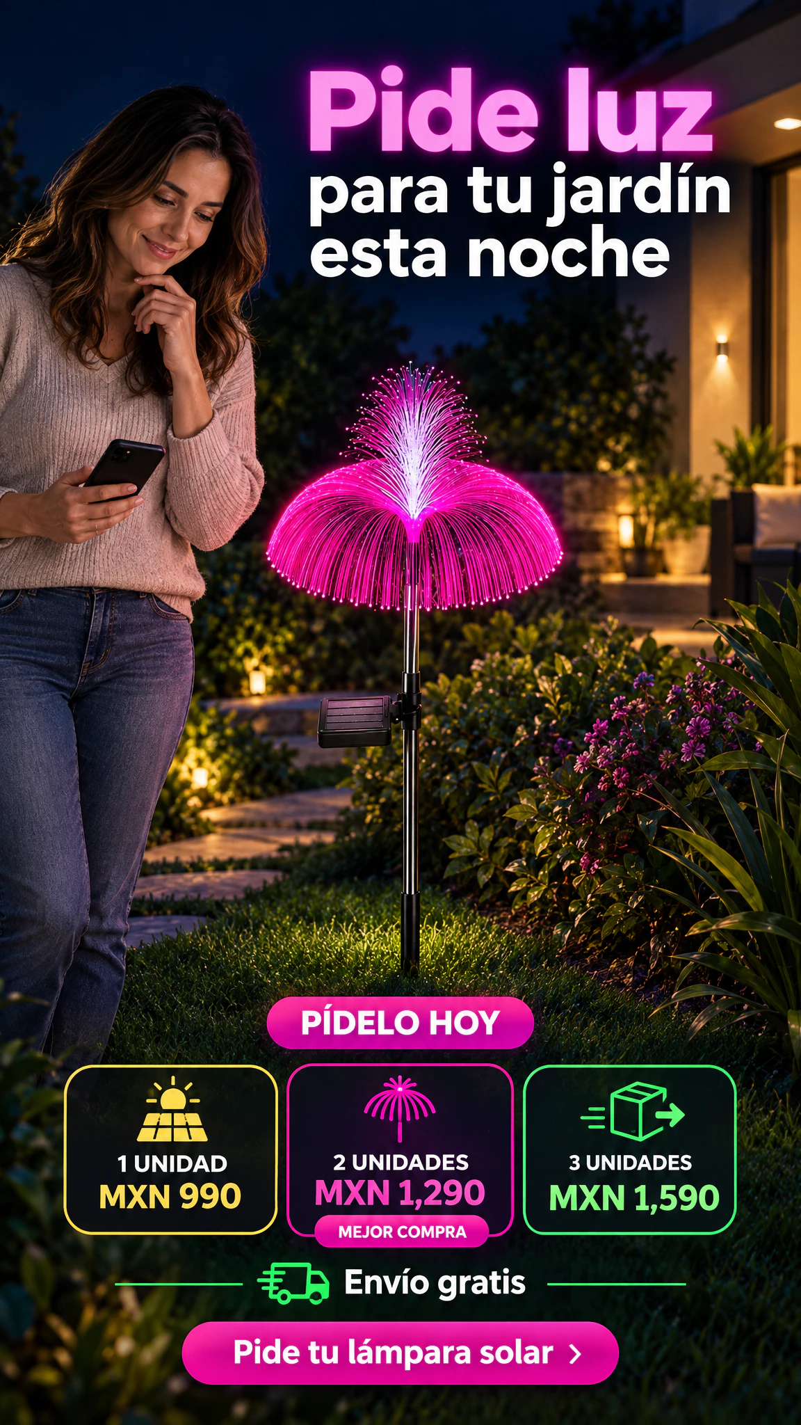 Lámpara Solar Decorativa de Fibra Óptica Doble Capa — Efecto Medusa Multicolor — Dale a tu jardín un espectáculo de luz al anochecer. · Oferta