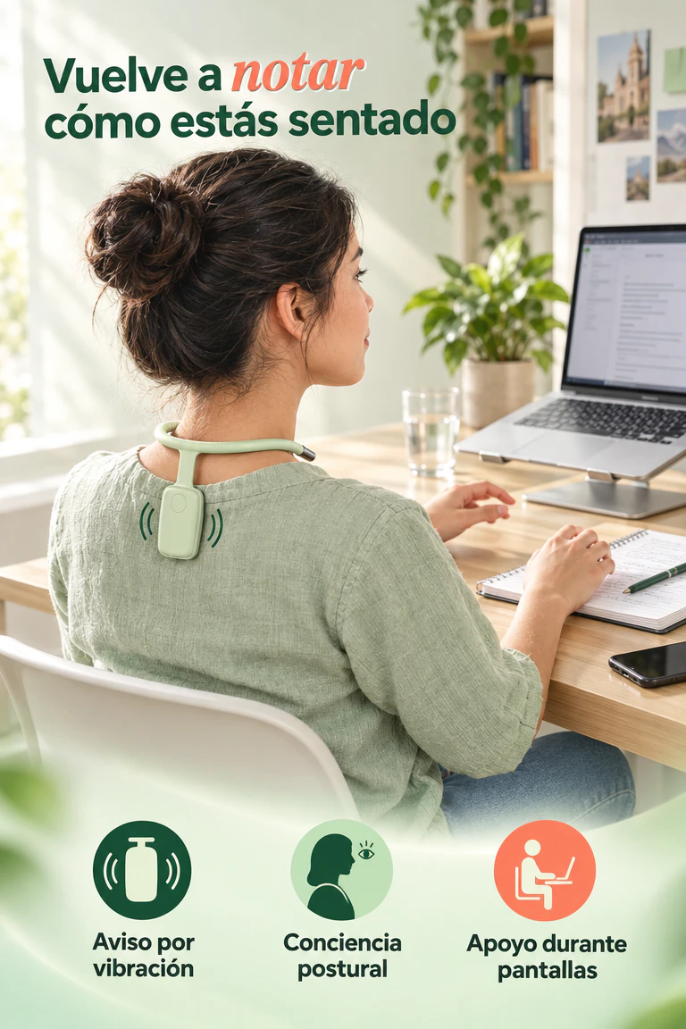 Sensor de postura con vibración — Te avisa cuando es momento de revisar cómo estás sentado · Beneficios