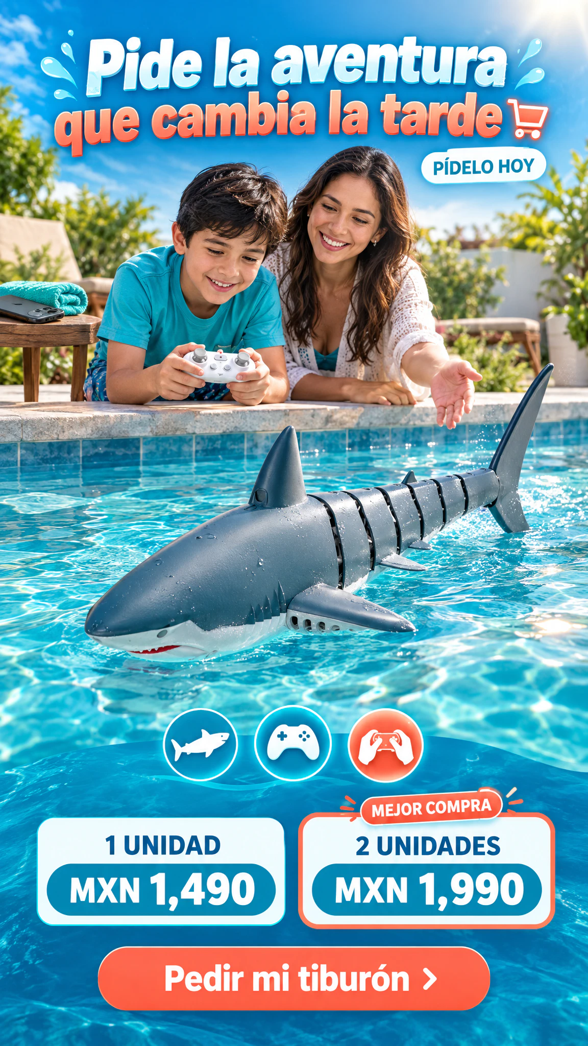 Tiburón RC acuático de cola articulada — Cambia la pantalla por una aventura que controla en el agua · Oferta