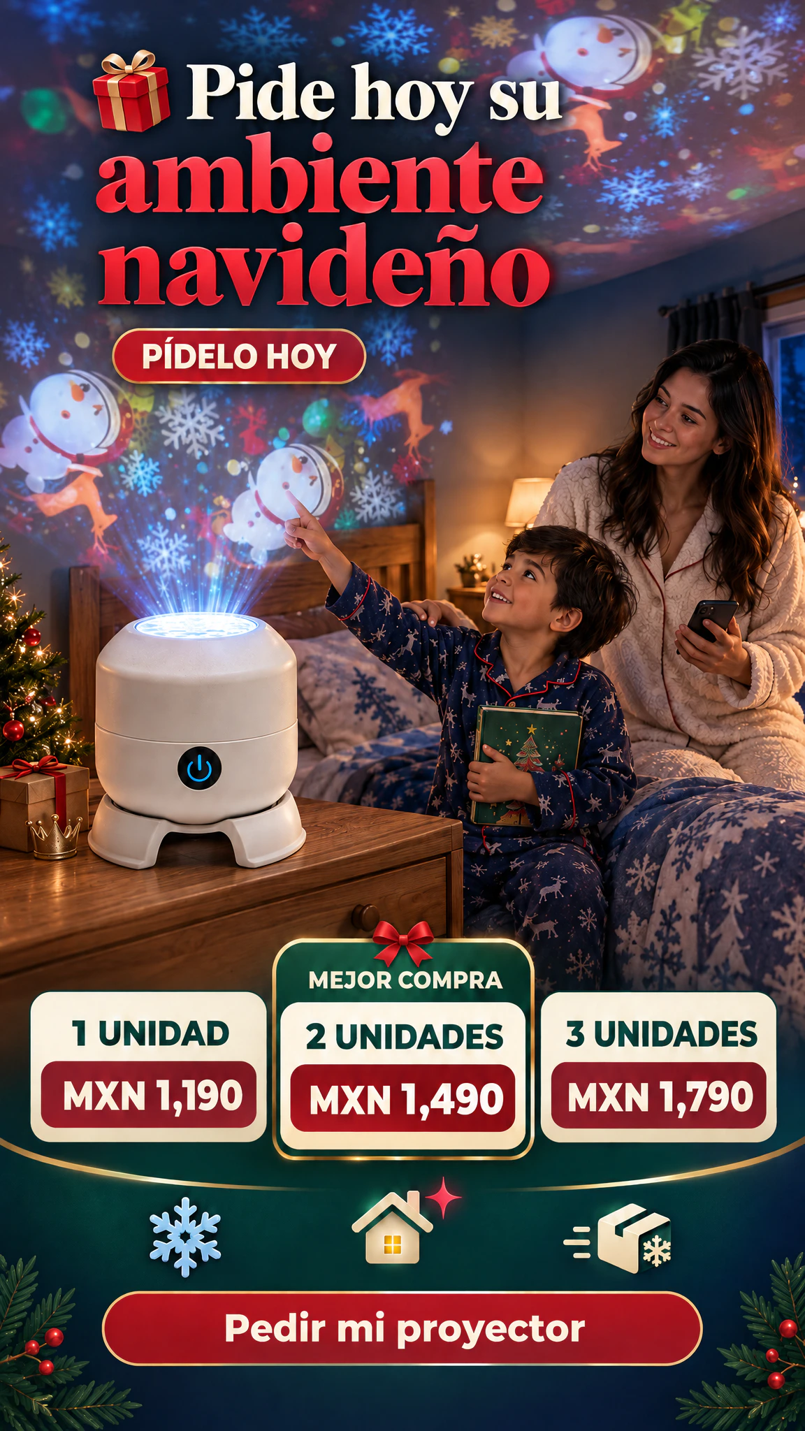 Proyector LED navideño de copos de nieve — Transforma su habitación en un rincón navideño lleno de luz · Oferta