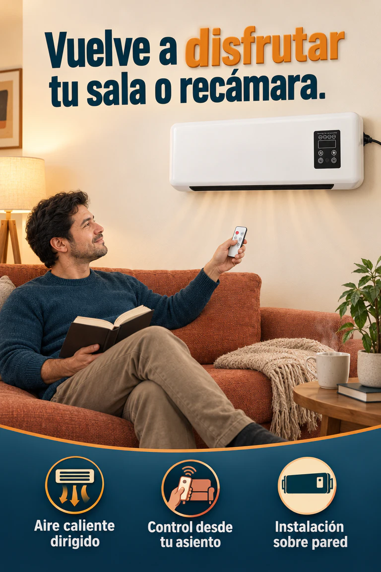 Calefactor mural compacto con control remoto — Lleva aire caliente dirigido a tu rincón favorito · Beneficios