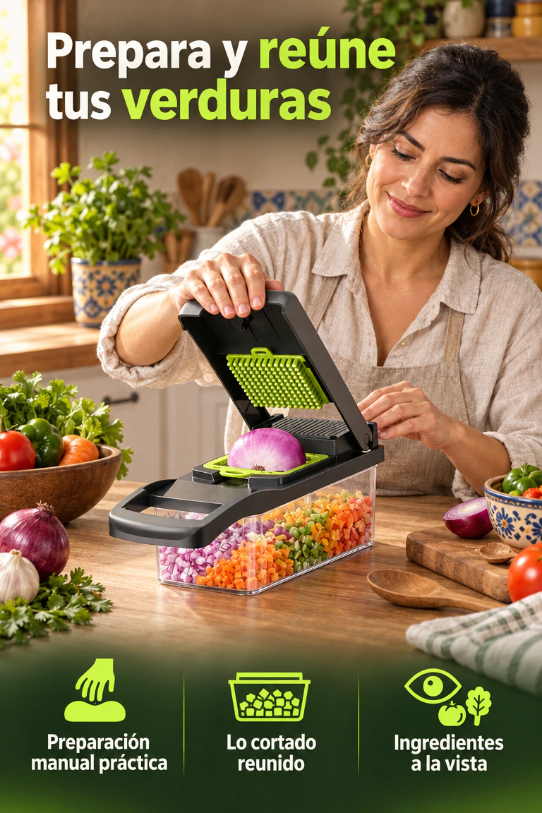 Picador de verduras multifuncional de 16 piezas — Reúne lo preparado mientras alistas tu próxima comida · Beneficios