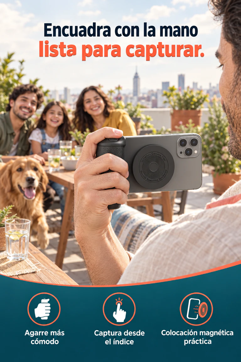 Empuñadura magnética para celular con disparador Bluetooth — Sujeta, encuadra y captura como con una cámara · Beneficios