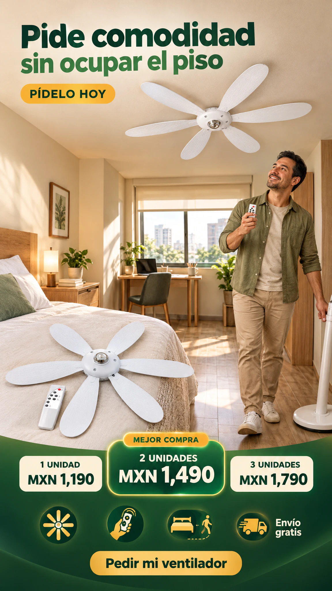 Ventilador-lámpara de techo con control remoto — Ilumina y mueve el aire sin ocupar tu piso · Oferta
