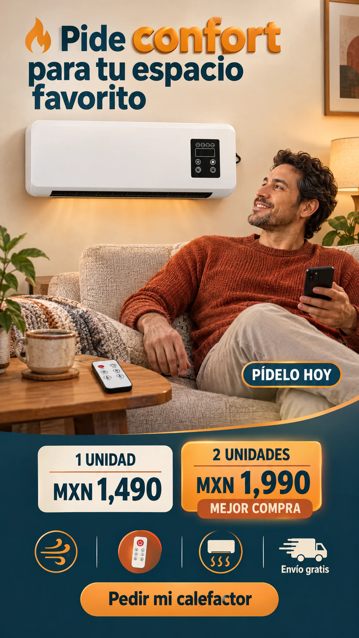 Calefactor mural compacto con control remoto — Lleva aire caliente dirigido a tu rincón favorito · Oferta