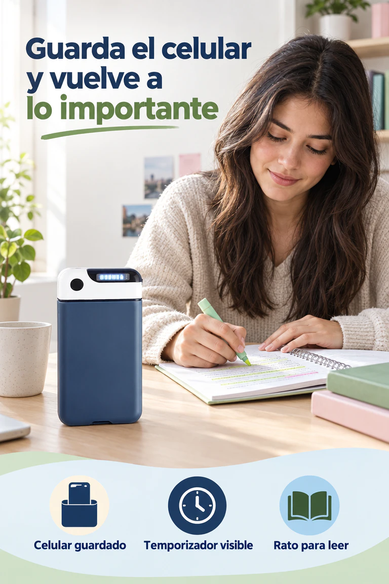 Caja temporizada para limitar el uso del teléfono sin bloquear llamadas — Programa un momento sin celular y vuelve a lo que importa. · Beneficios