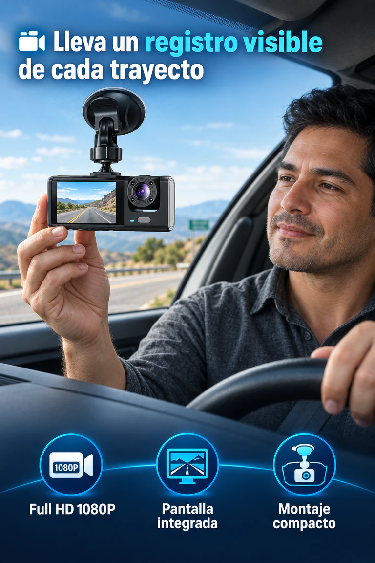 Dash Cam Full HD 1080P con pantalla — Registra tus recorridos y revisa cada momento del camino · Beneficios