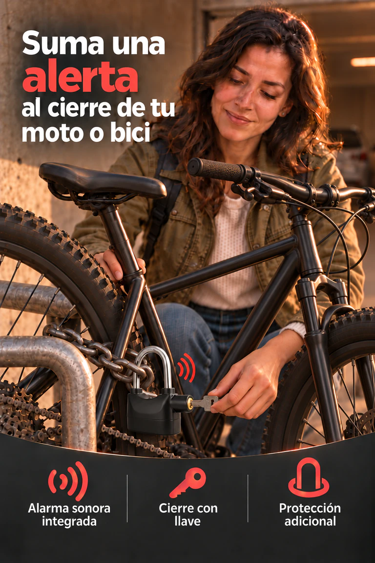 Candado con alarma y arco largo — Añade una alerta sonora al cierre de tus pertenencias · Beneficios