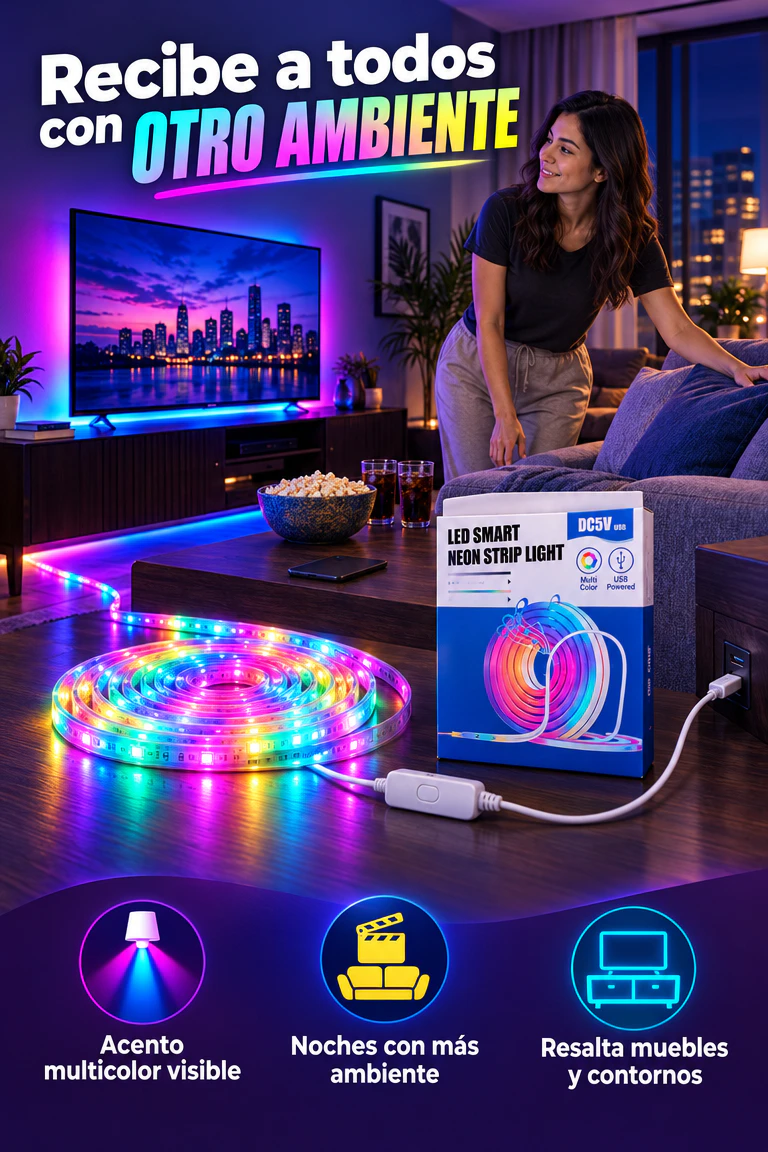 Tira de luz LED multicolor USB — Cambia el ambiente antes de recibir a tus invitados · Beneficios