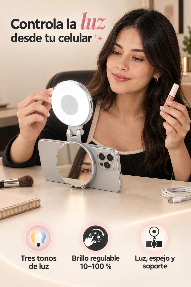 Luz LED Magnética TELESIN 3 en 1 — Iluminación, espejo y soporte para crear con tu celular · Beneficios