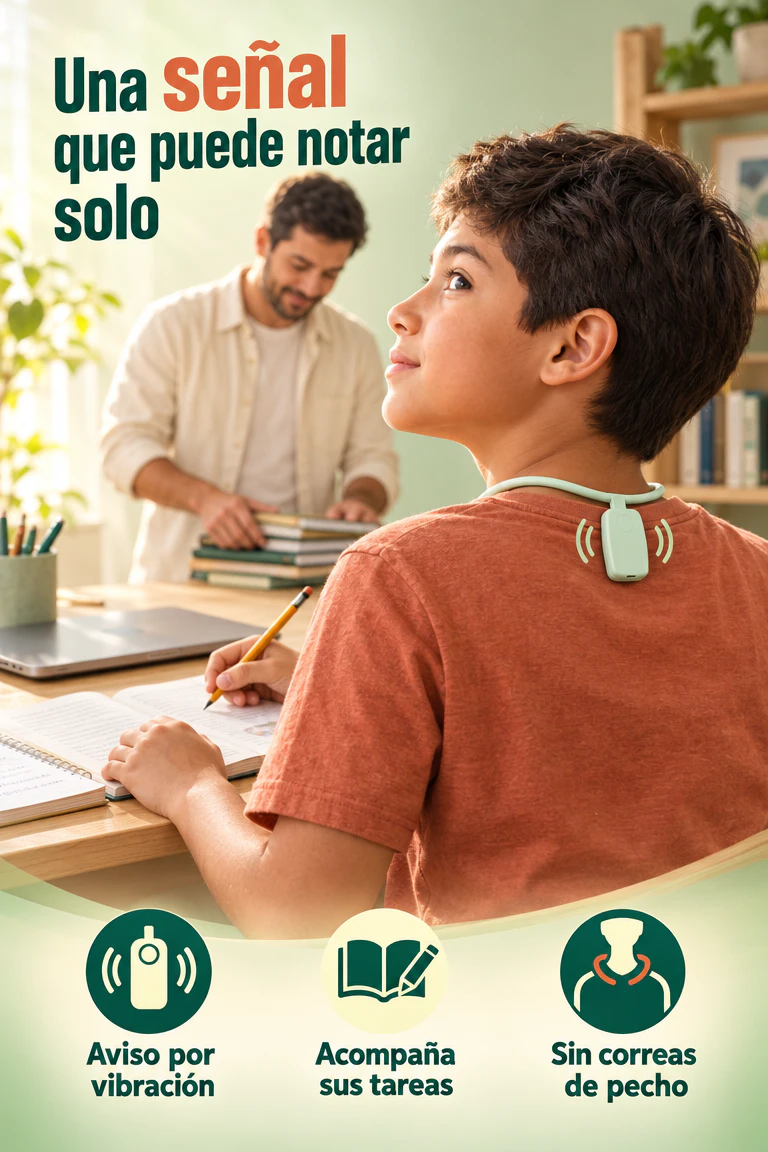 Sensor postural con aviso por vibración — Le recuerda revisar su posición mientras estudia · Beneficios
