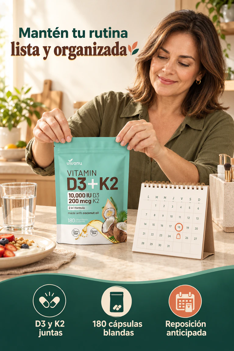 VivoNu D3 + K2 2 en 1 — Mantén organizada la reposición de tu rutina nutricional · Beneficios