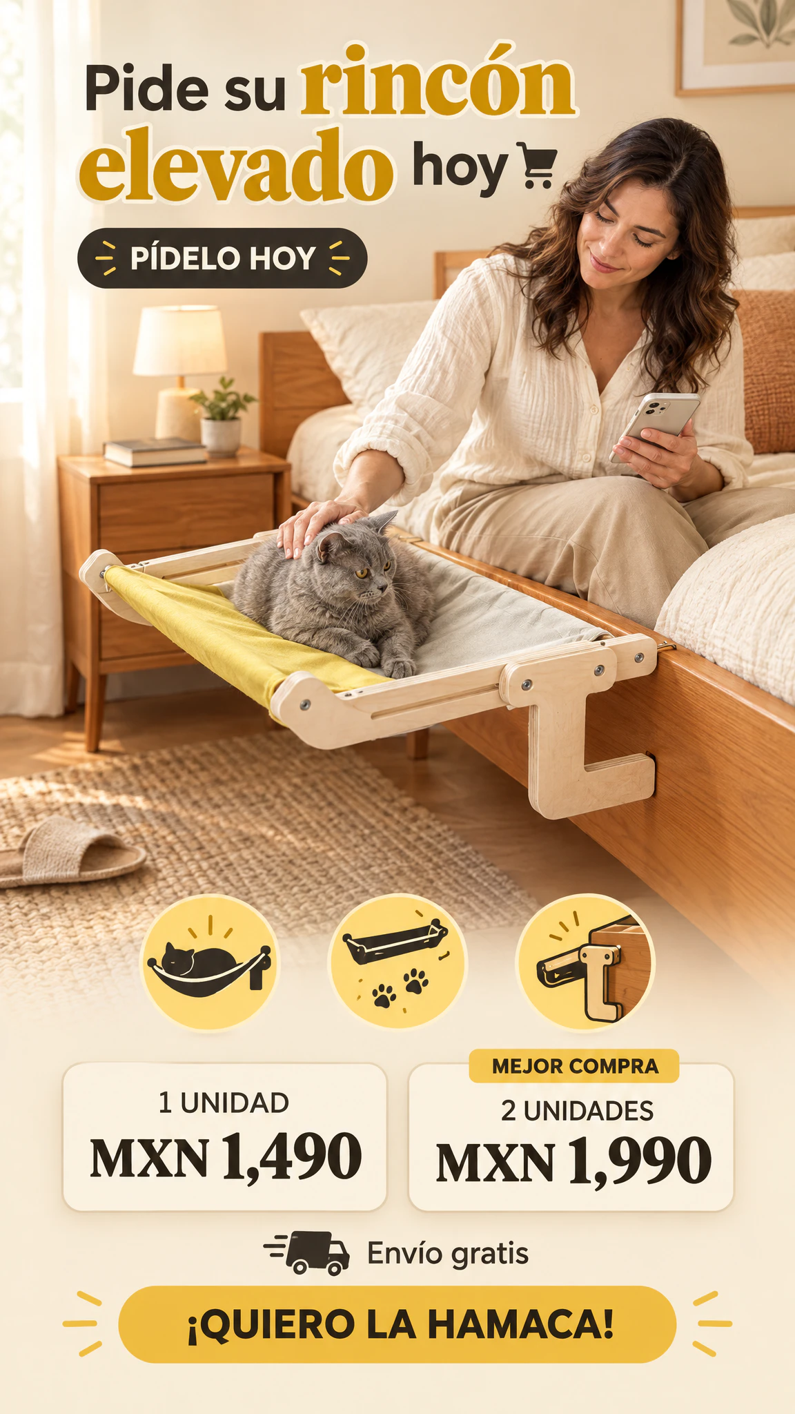 Hamaca Colgante para Gatos de Madera y Tela — Su rincón elevado junto a ti, sin ocupar el piso · Oferta